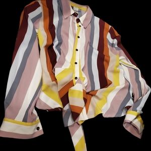 PAPER CRANE Striped Tie Front Button Up Collared Shirt